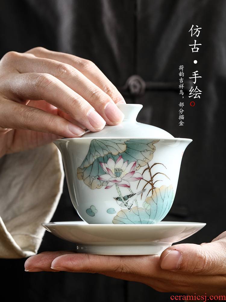 Jingdezhen only three tureen prevent hot large tea pure manual white porcelain bird kunfu tea bowl hand - made lotus tea