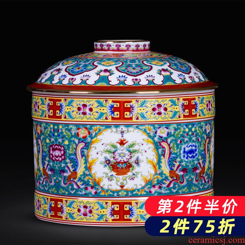 Jingdezhen porcelain enamel Mosaic gold edge caddy fixings puer tea cake tin, household large sealed container storage place
