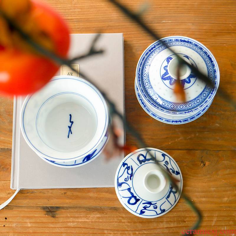 Restoring ancient ways of jingdezhen blue and white porcelain tureen only three cups of tea ware bowl kung fu hand grasp the teapot tea cups