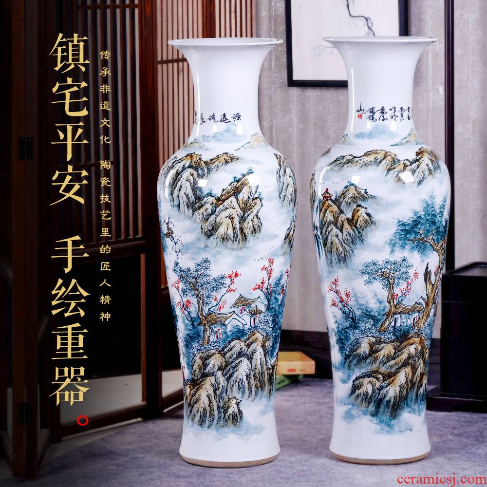 Jingdezhen blue and white big ceramic floor hand - made vases, Chinese I sitting room place hotel opening housewarming gift
