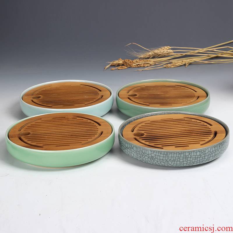 Longquan celadon dry mercifully bamboo Joe kung fu tea tray ceramic tea set accessories household water circular contracted small tea table