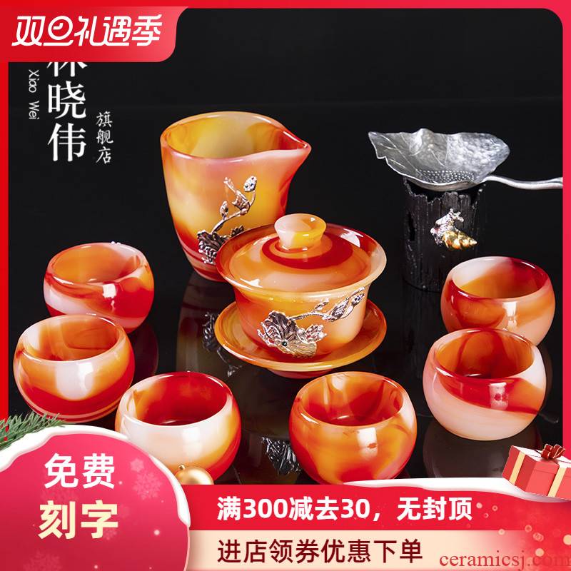 Silver coloured glaze jade porcelain tea tureen kung fu tea set office household agate jade cup gift box
