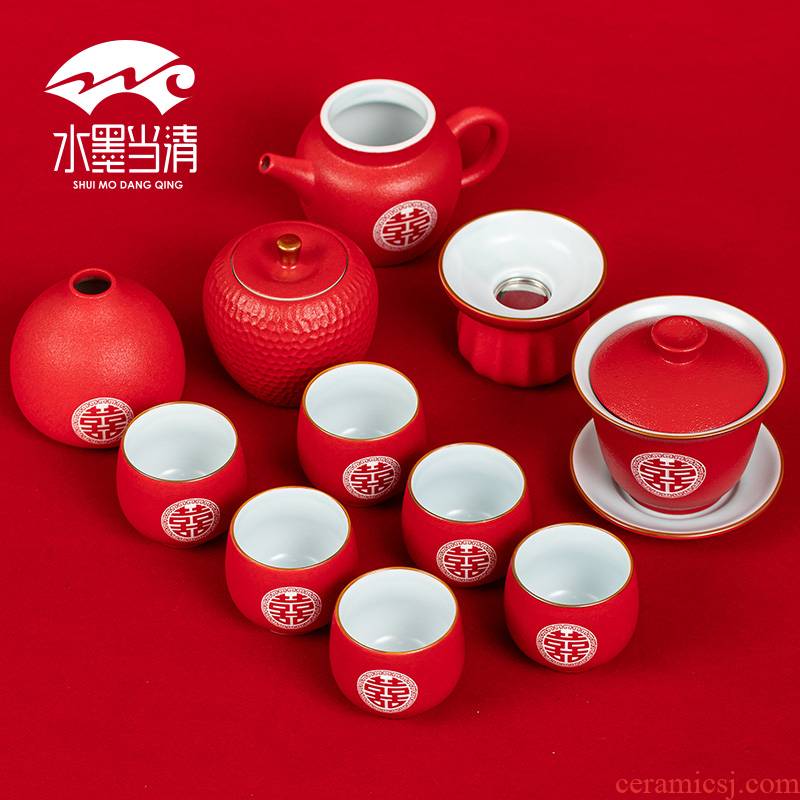 Wedding tea set new high - grade red dowry is festival for ceramics question home worship cups gift boxes