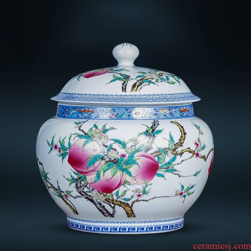Archaize of jingdezhen porcelain ceramic powder enamel with cover large seal caddy fixings moistureproof puer tea cake storage jar