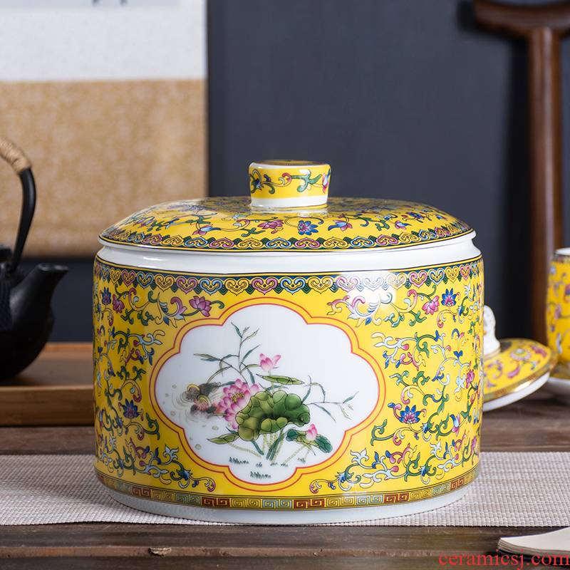 Jingdezhen ceramic tea pot large wake receives colored enamel tea urn home seal storage tank puer tea