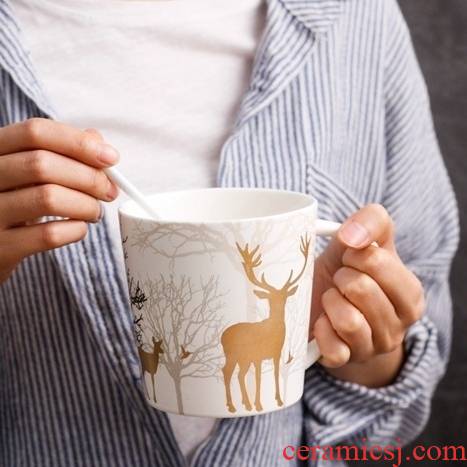 Office cup American thick large capacity mark cup golden deer bird breakfast cup ceramic coffee cup