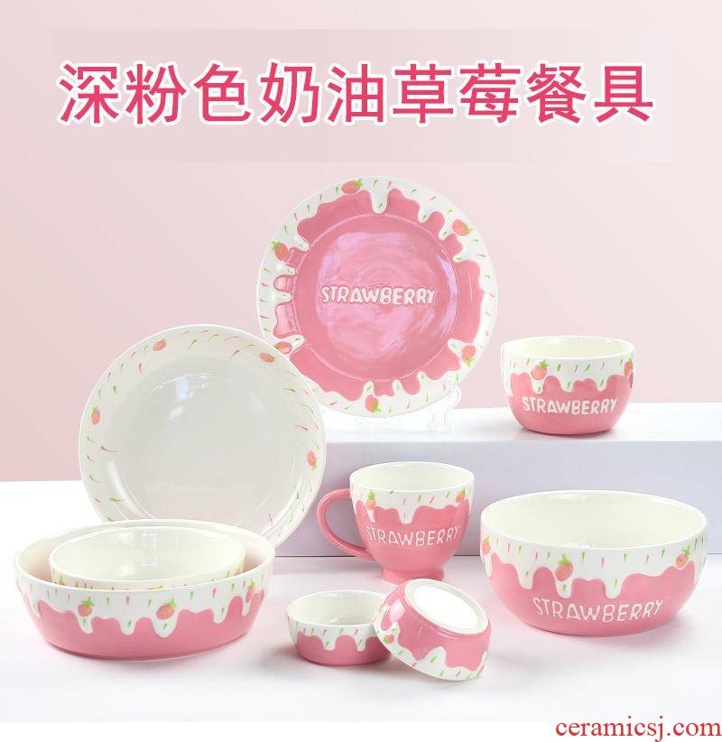 Hand - made ceramic dust under the glaze color girl heart home use anaglyph stereoscopic pattern with strawberries and whipped cream series tableware
