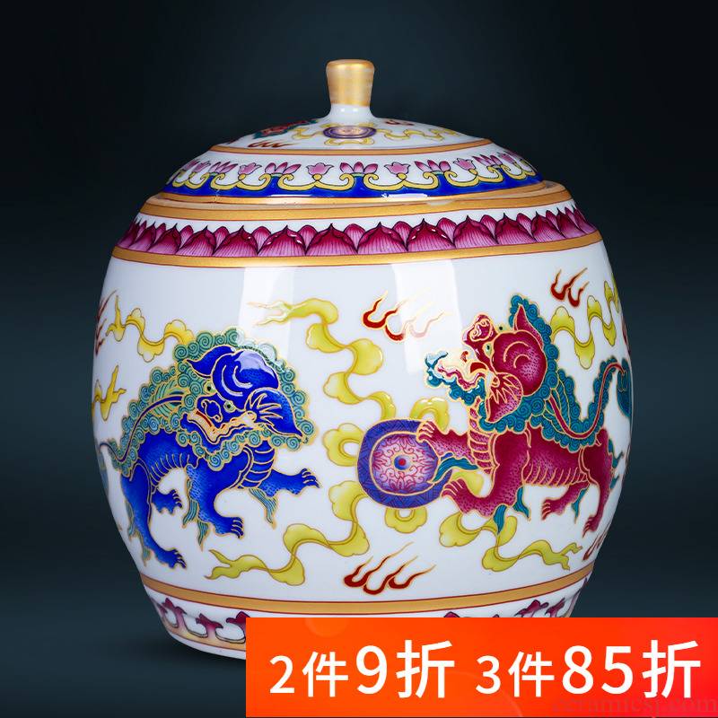 500 g of jingdezhen ceramic colored enamel lion ball puer tea loose tea caddy fixings retro small cover tank