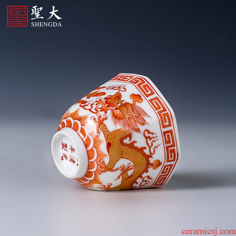 Holy big cup sample tea cup hand - made ceramic kungfu alum red paint longfeng grain eight square cup of jingdezhen tea service by hand