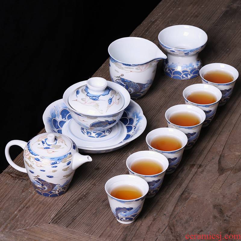 Blue and white porcelain tea set household jingdezhen ceramic teapot teacup kung fu 6 sitting room tea high - end gift box