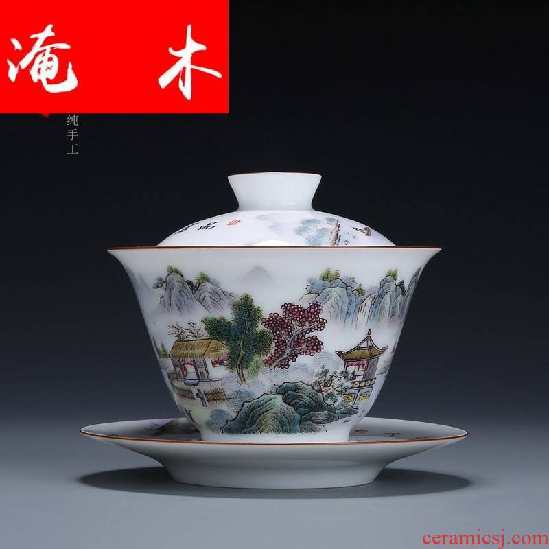 Submerged wood pastel landscape was only three bowl of jingdezhen ceramic tureen of pure manual hand - made tea bowl of tea