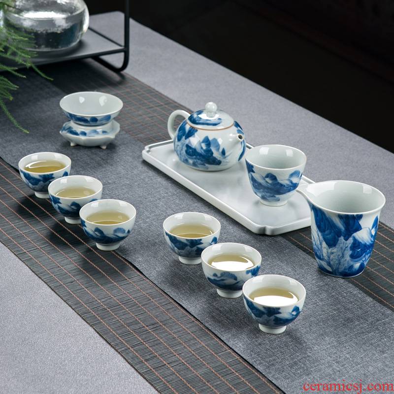 Make tea tea set home sitting room office receive a visitor jingdezhen blue and white porcelain hand - made ice to crack the teapot teacup