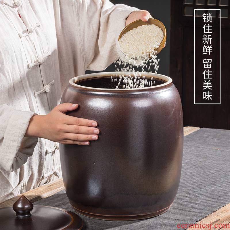 Jingdezhen ceramic barrel household with cover sealed container insect - resistant 30 jins of 50 kg 100 jins flour storage tank