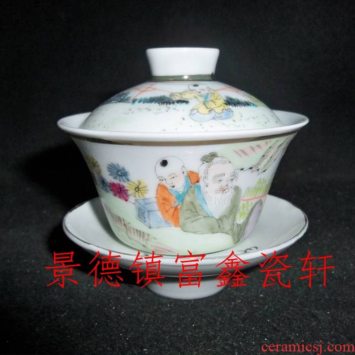 Submerged wood jingdezhen old factory goods/ceramic famille rose light purple color hand - made old man fishing covered bowl/cup tea antiques