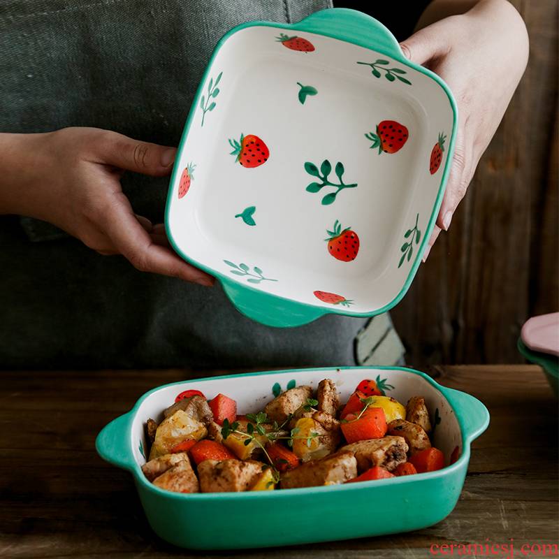 Lovely strawberry pan ceramic household ears paella lasagna baking pan with microwave oven