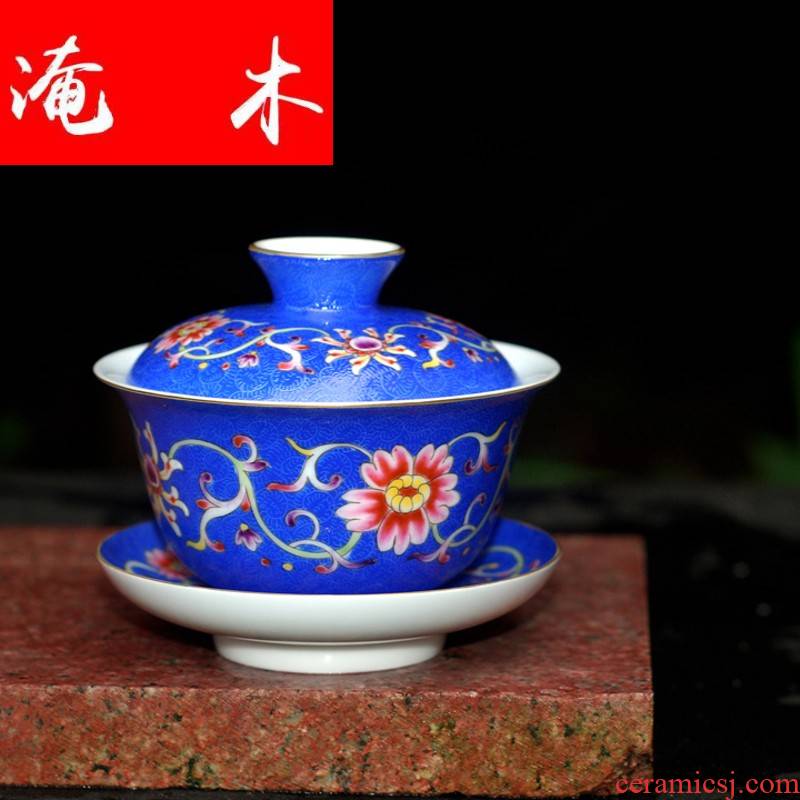 Submerged wood grilled hand - made pastel flowers tureen three bowl bowl jingdezhen ceramic cups kung fu tea worship