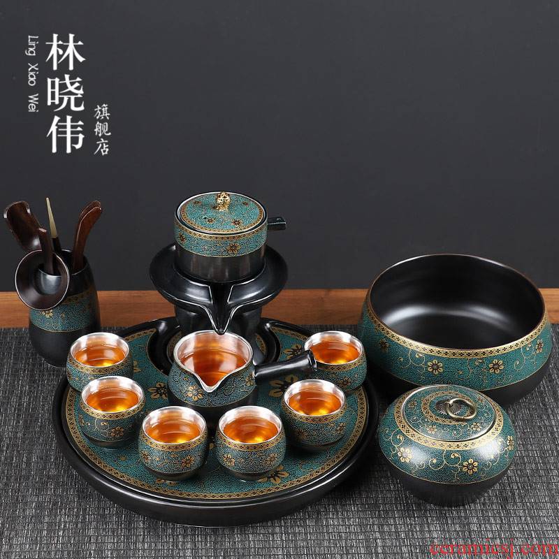 Tasted silver gilding the old section of kung fu tea set suit, black pottery mud household ceramics lazy people prevent hot stone mill automatically make tea cups
