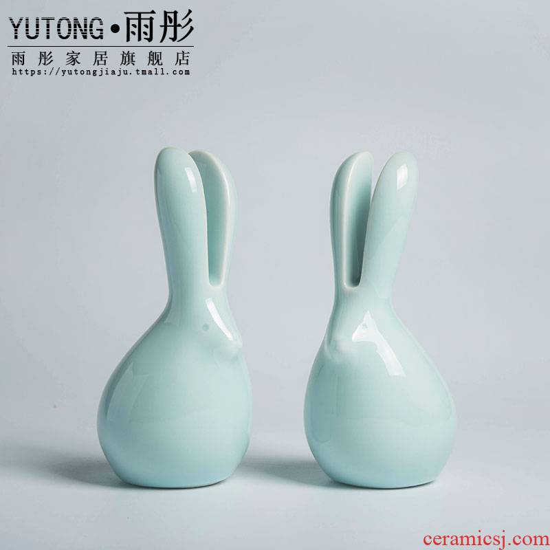 Lovely rabbit contracted the new Chinese style ceramic furnishing articles green glaze rabbit mattress in the sitting room porch decoration crafts and gifts