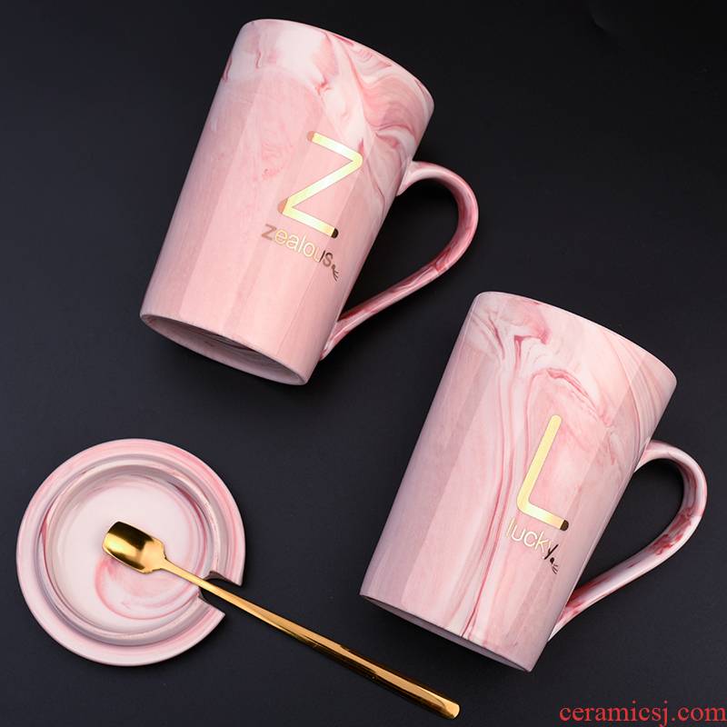 Creative mugs with cover pink marble name letters run water glass mugs and lovely girl