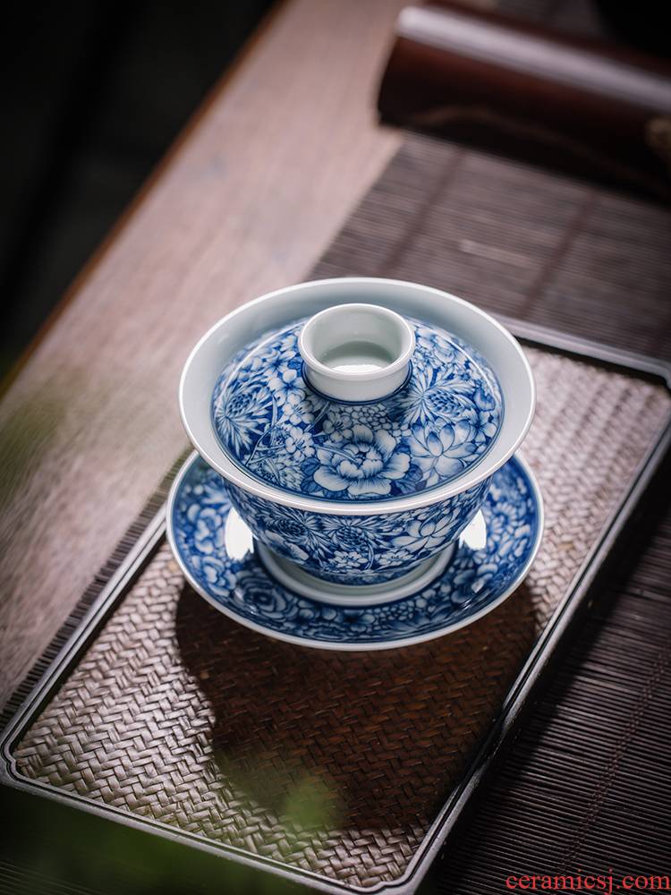 To burn only three tureen hand - made porcelain cups maintain flower tureen tea bowl of jingdezhen kung fu tea set by hand