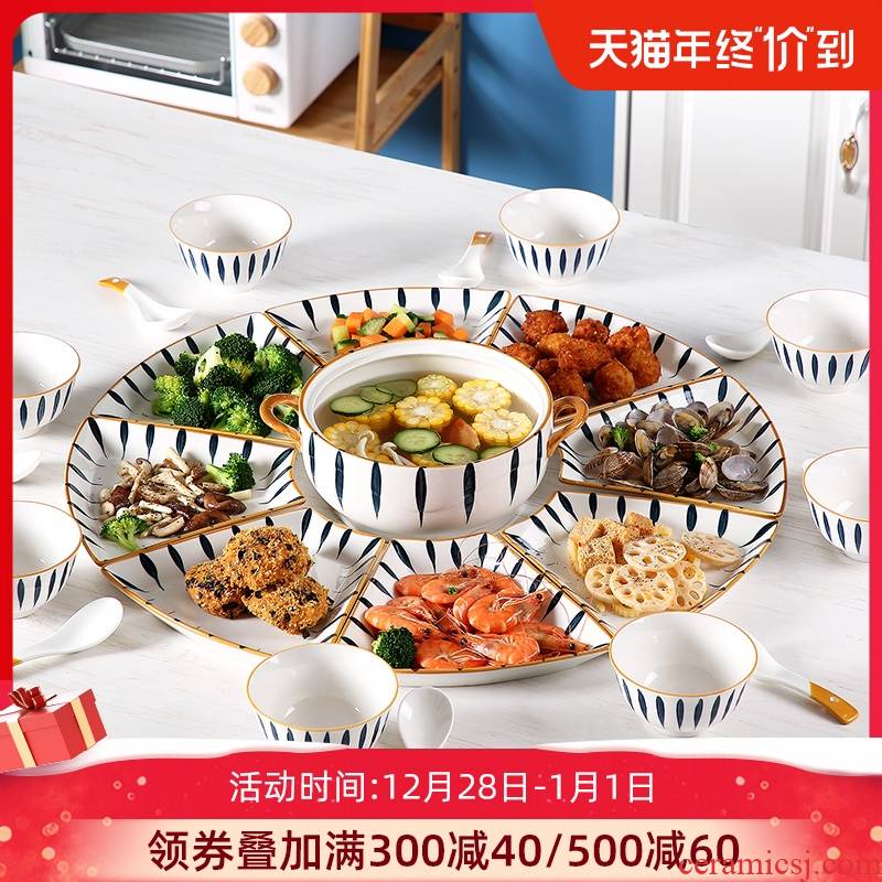The dishes suit household creative move ceramic dish family reunion party chafing dish platter plate suit