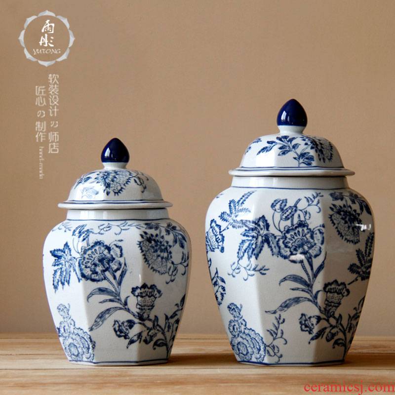 The General hand - made bound branch pattern of blue and white porcelain octagon can of jingdezhen ceramic furnishing articles antique decoration storage tank
