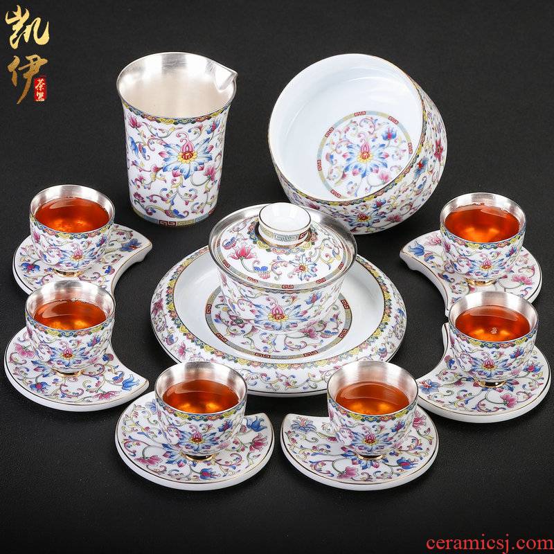 Pure silver colored enamel coppering. As kung fu tea set of a complete set of jingdezhen ceramic silver tureen tea teapot silver cup