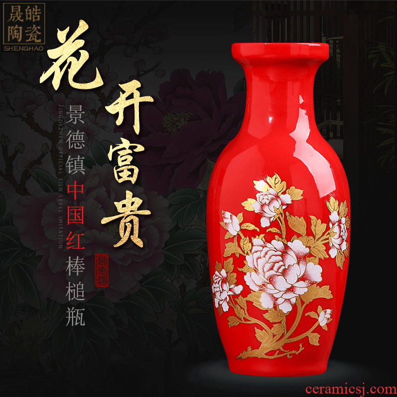 Jingdezhen ceramic Chinese red festive red vase TV ark adornment style dry vase for Buddha furnishing articles