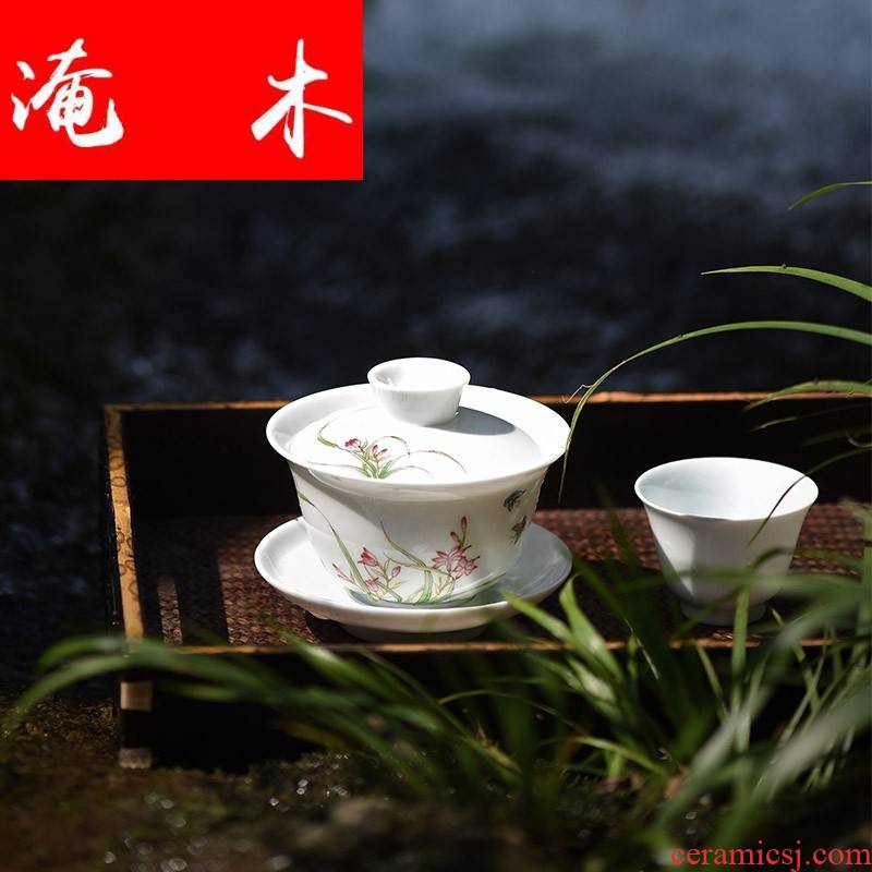 Flooded kung fu tea set only three bowl of hand - made of wooden jingdezhen ceramics orchid tureen cup tea bowl by hand