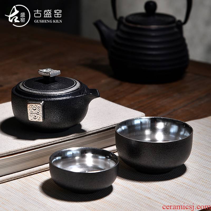 Ancient sheng up 2 new xiangyun pure silver mine loader ceramic crack cup a pot of two cup travel kit home portable package
