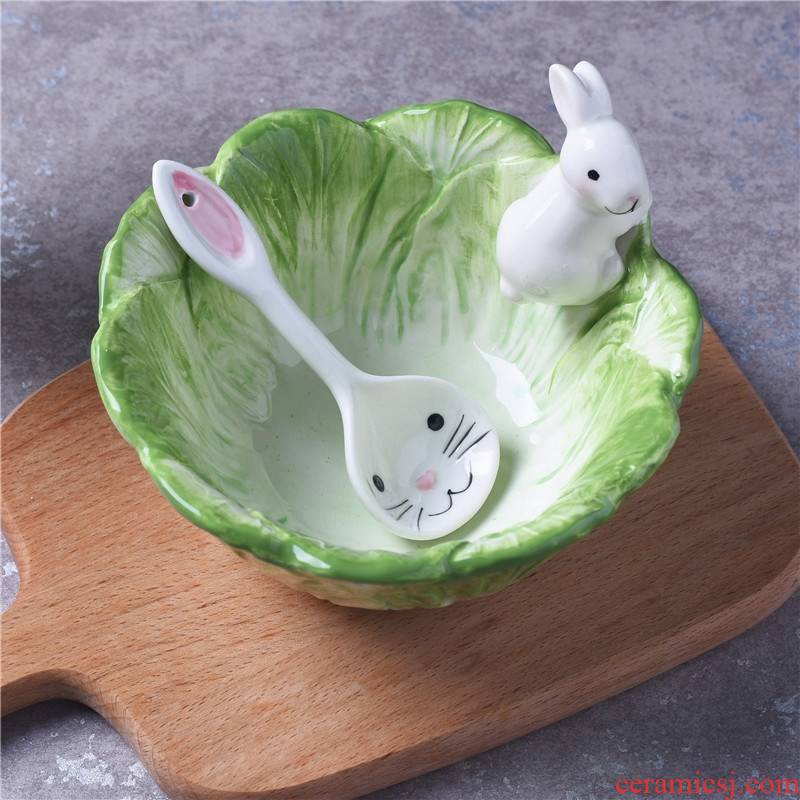 Bowl of cabbage children tableware bowls of creative move, lovely rabbits eat fruit salad bowls of household ceramics