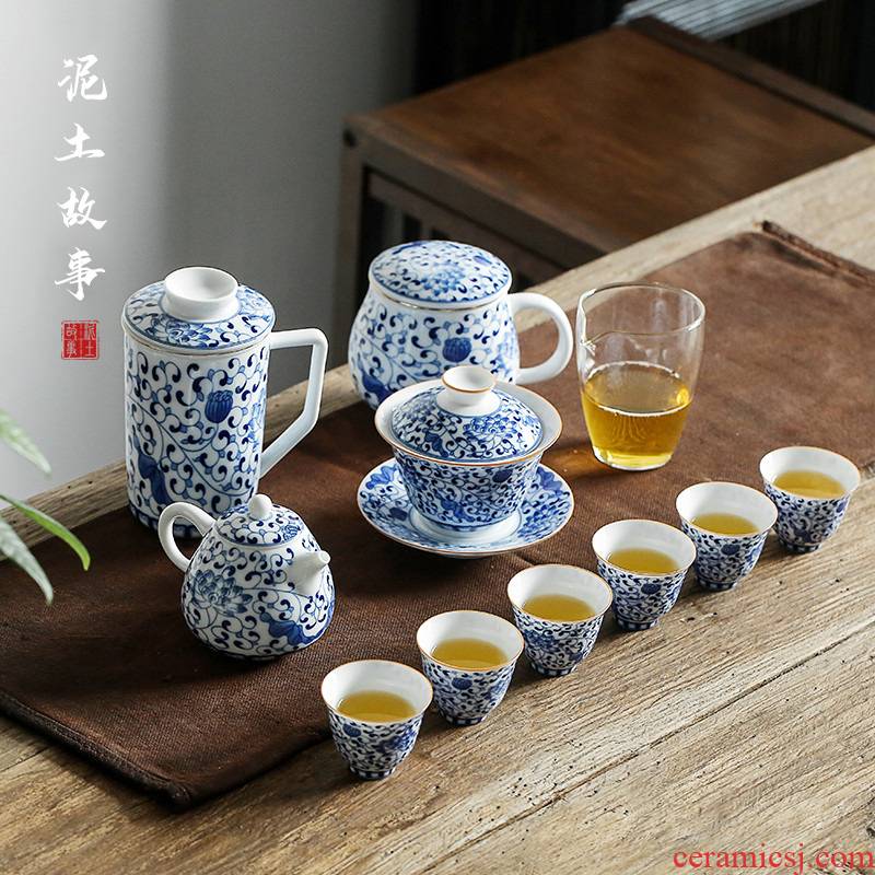 Hand - sketching jingdezhen blue and white porcelain tea set manual ceramic kung fu tea taking of a complete set of household teapot teacup