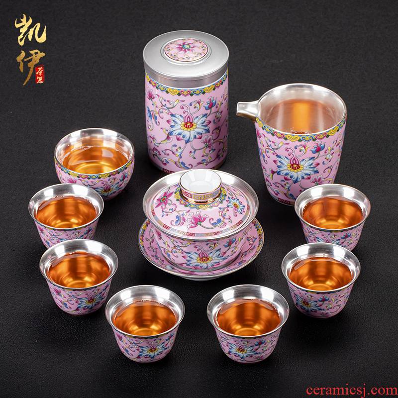 Colored enamel fate coppering. As silver cup kung fu tea set jingdezhen ceramic tea tureen household silver cup