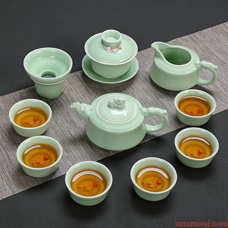 Celadon kung fu tea set of ceramic tea set carp cup teapot Celadon tureen tea service of a complete set of household teapot