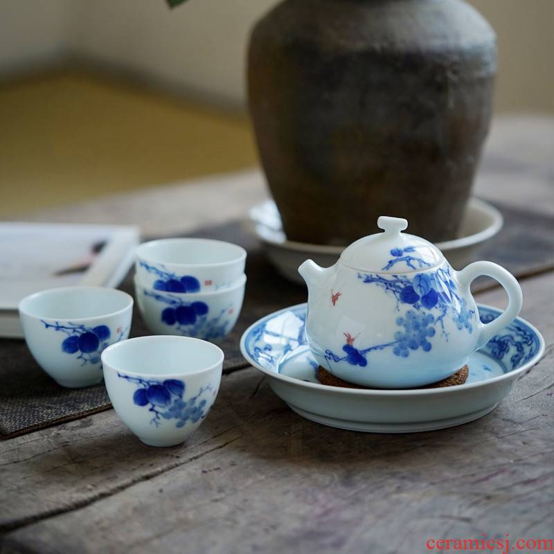 The Poly real scene blue - and - white hand - made kung fu tea set household contracted jingdezhen ceramic lid bowl cups of a complete set of