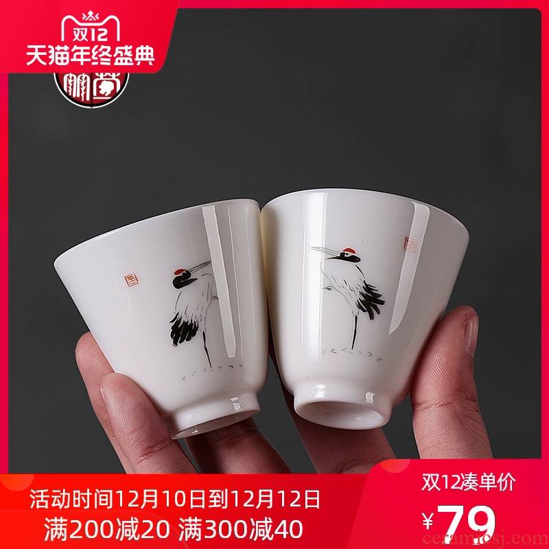 Dehua high - white hand - made cranes small teacup only Japanese master sample tea cup ceramic move restoring ancient ways single CPU