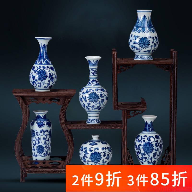 Jingdezhen ceramic mini small blue and white porcelain vase suit water raise flower arranging furnishing articles rich ancient frame tea table decorations
