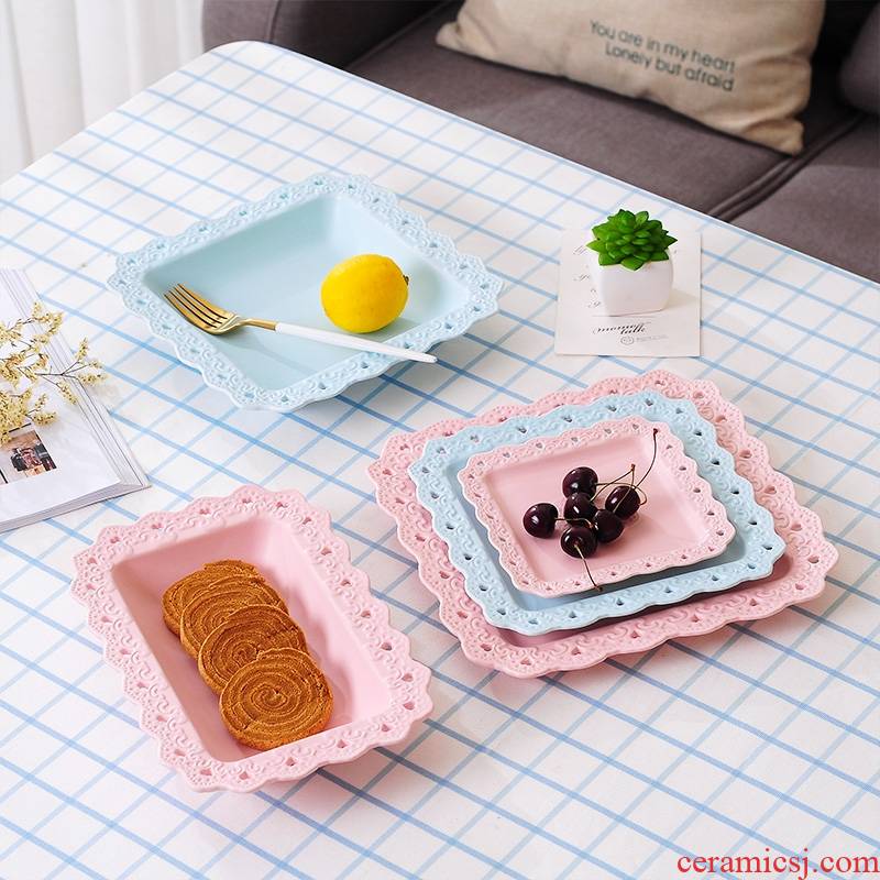 Qiao mu square ceramic hollow out creative Japanese steak dish western - style food tableware household food dish plate plate of fruit