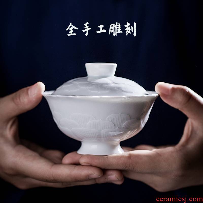 24 is pure manual tea cup three tureen only single jingdezhen ceramic kung fu tea set white porcelain carving