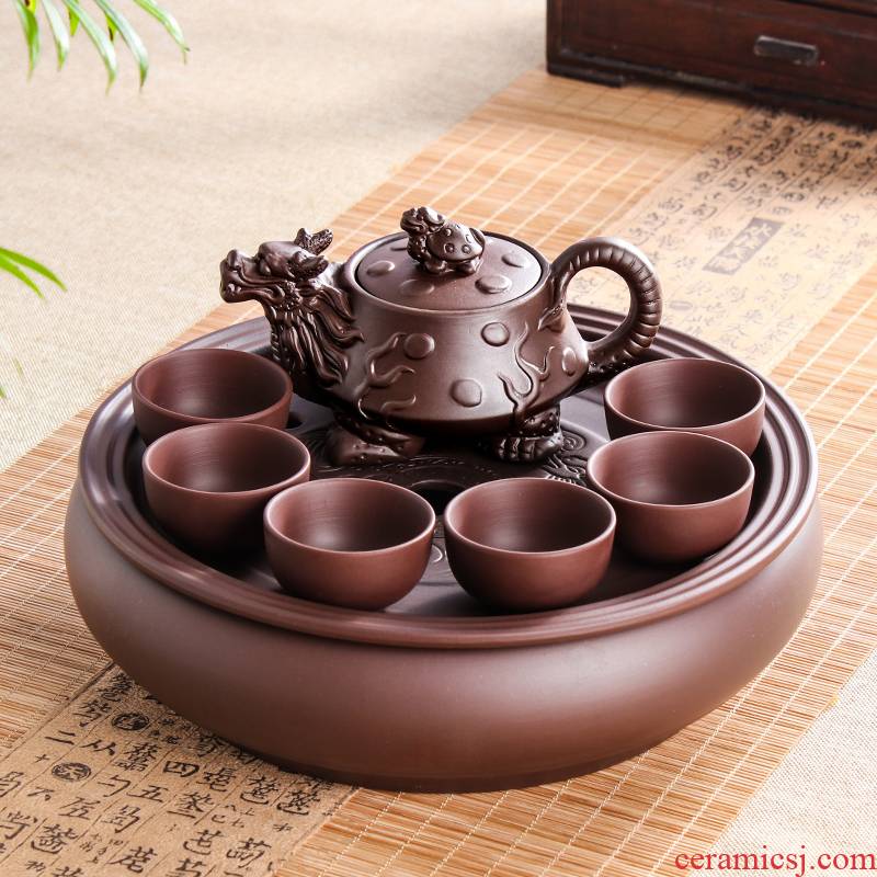 Yixing purple sand kung fu tea set suit modern household contracted circular make tea tea tray ceramic teapot teacup set