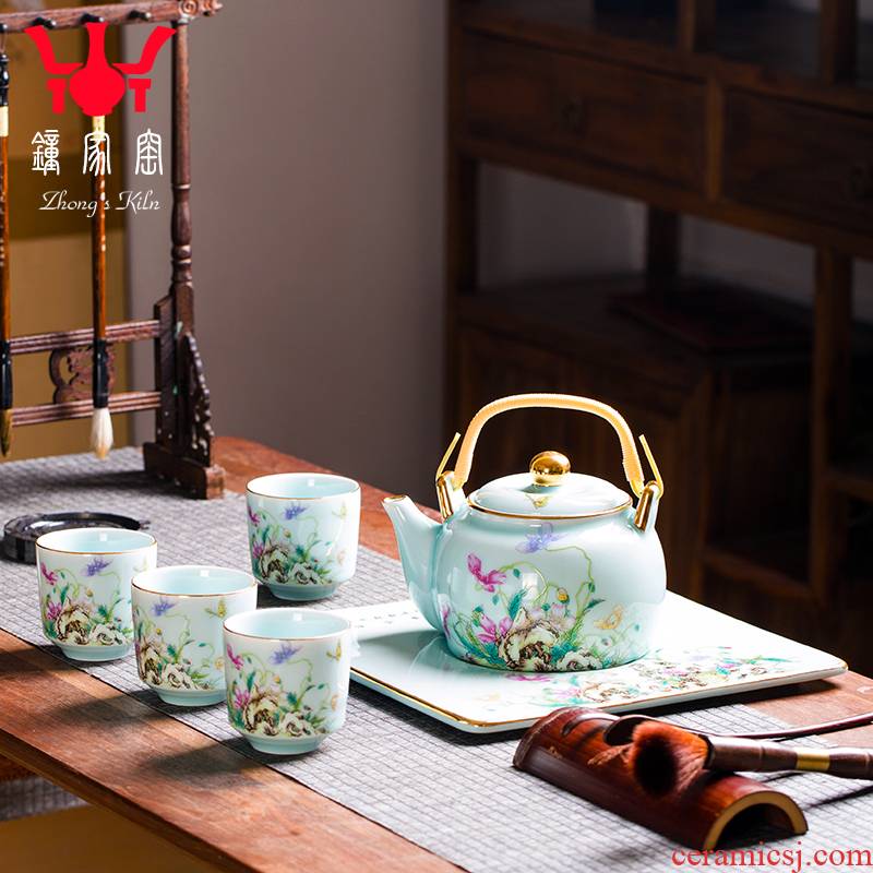 Clock home up of a complete set of domestic high - end tea tea sets jingdezhen colored enamel tea service office small tea table