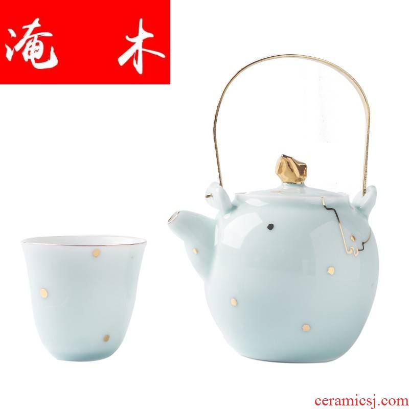 Flooded the wooden hand paint shadow celadon jingdezhen ceramic portable kung fu tea set suit I and contracted household travel