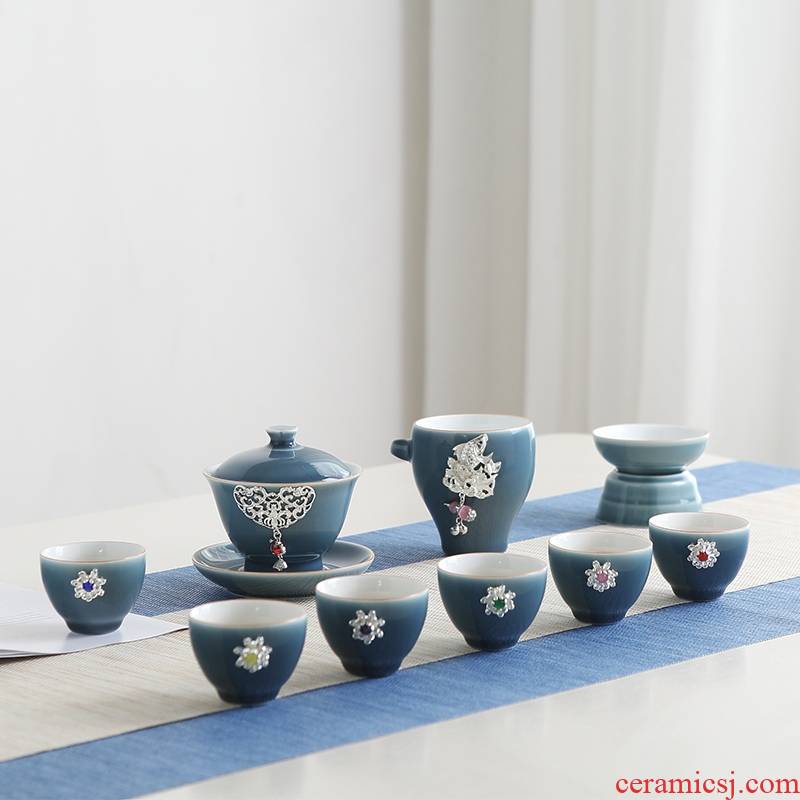 Qiao longed for a whole set of kung fu tea set suit household jingdezhen ceramic teapot teacup tureen contracted tea sets