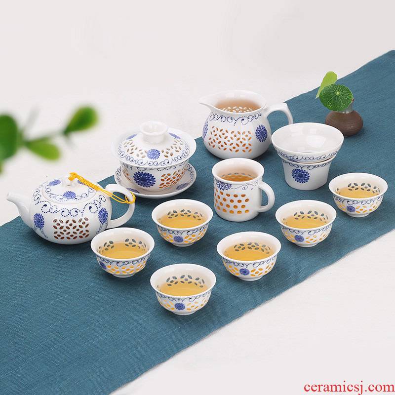 Hui shi manufacturers shot household and exquisite ceramic honeycomb kung fu tea set contracted to hollow out the teapot tea cup
