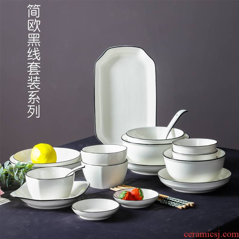 Dishes contracted suit to use of Japanese jingdezhen ceramic tableware Dishes black household creative bowl chopsticks tableware suit