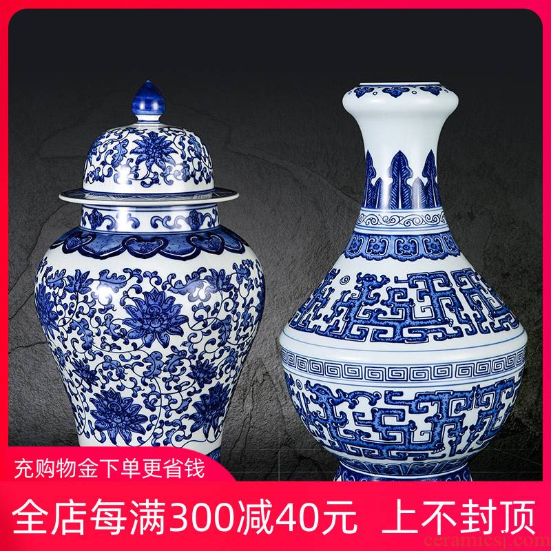 Jingdezhen ceramics hand antique decoration of Chinese style of blue and white porcelain vase is a sitting room place the general pot of lotus flower