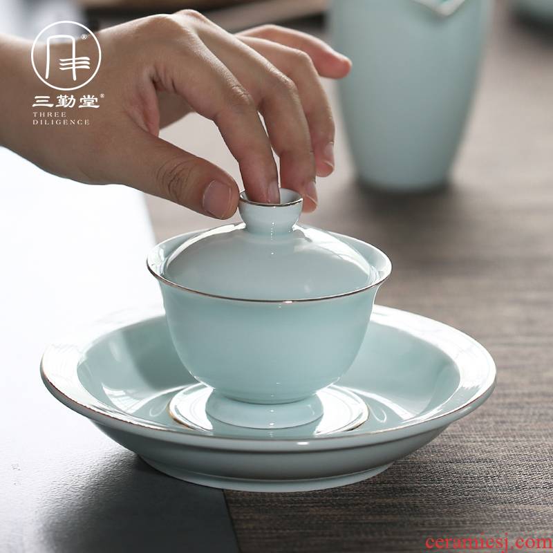 The three frequently shadow green sweet white glaze tureen jingdezhen kung fu tea set three cups to bowl of tea ware bowl S11016