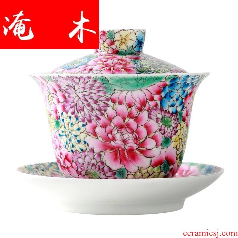 Submerged wood jingdezhen enamel enamel than hand - made kung fu tea set tea bowl three tureen tea cups