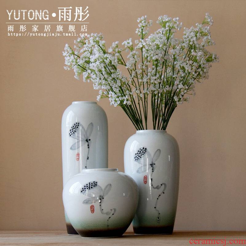 Chinese modern ceramic vases, flower implement with flowers bright glaze ink lotus sitting room desktop flower the household decoration