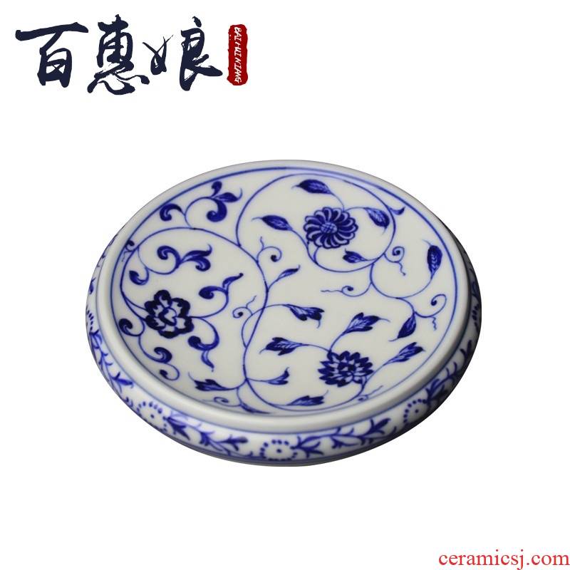 (niang hand made blue and white tie up branch lotus lines cover rear cover hold ceramic pot bearing pad pot doesn jingdezhen tea kungfu tea